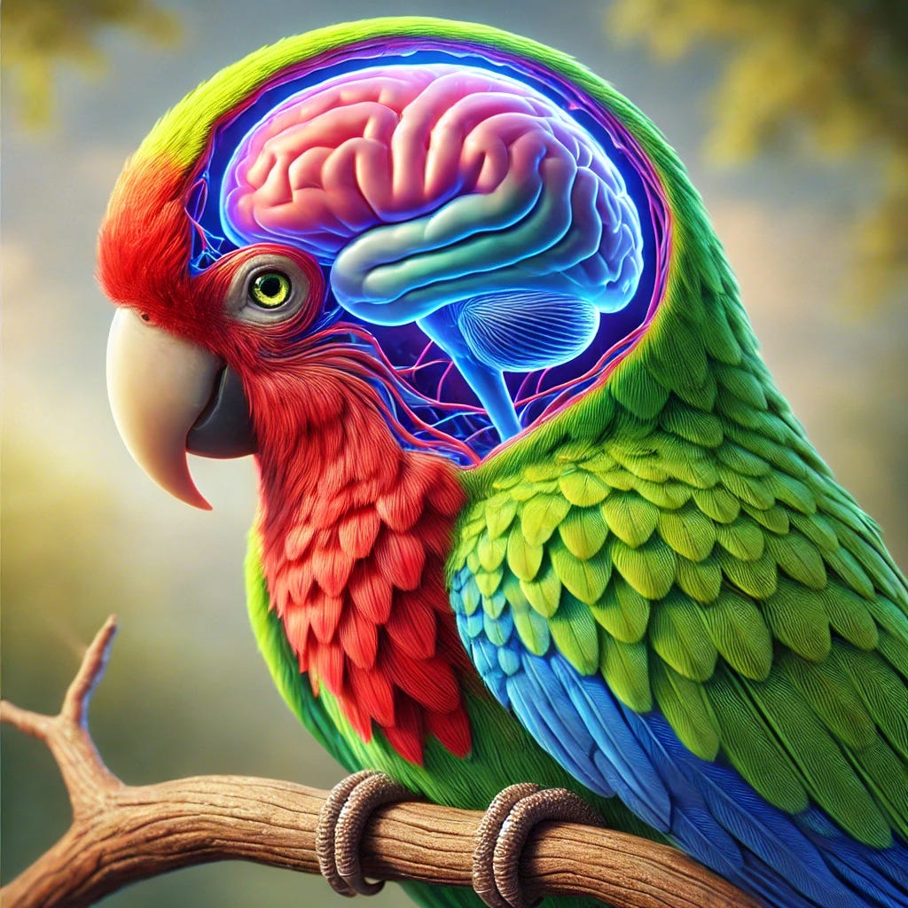 A detailed image of a vibrant parrot with bright green, red, and blue feathers perched on a branch. The parrot's head is semi-transparent, revealing a realistic human brain inside its skull. The brain has detailed grooves and folds, with a soft blue glow representing neural activity. The parrot's eyes are intelligent and sharp, hinting at cognitive depth. The scene is set against a soft, natural background of blurred trees and sky.