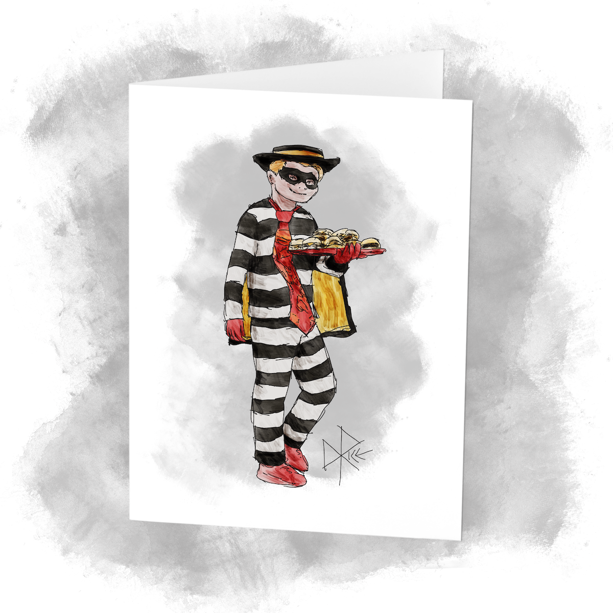 The Hamburglar stands while holding a tray of burgers. Sketch art by Don Rice. The Hamburglar stands while holding a tray of burgers. Sketch art by Don Rice.