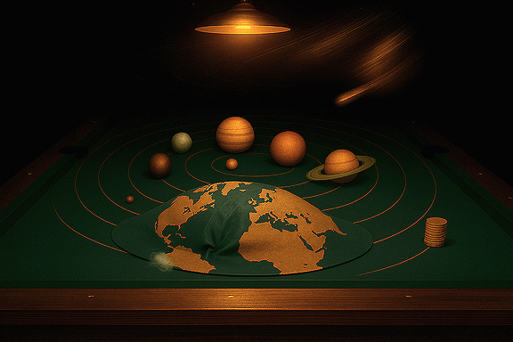 Create a symbolic image of a pool table where the Earth has fully flattened and now covers the table surface. The planets orbit above it. The Sun is shown as a swinging light fixture in a third position, with motion trails behind it. The room is dark except for the illuminated table, with constellations flickering in the surrounding void. Style: mythic, surreal, symbolic.