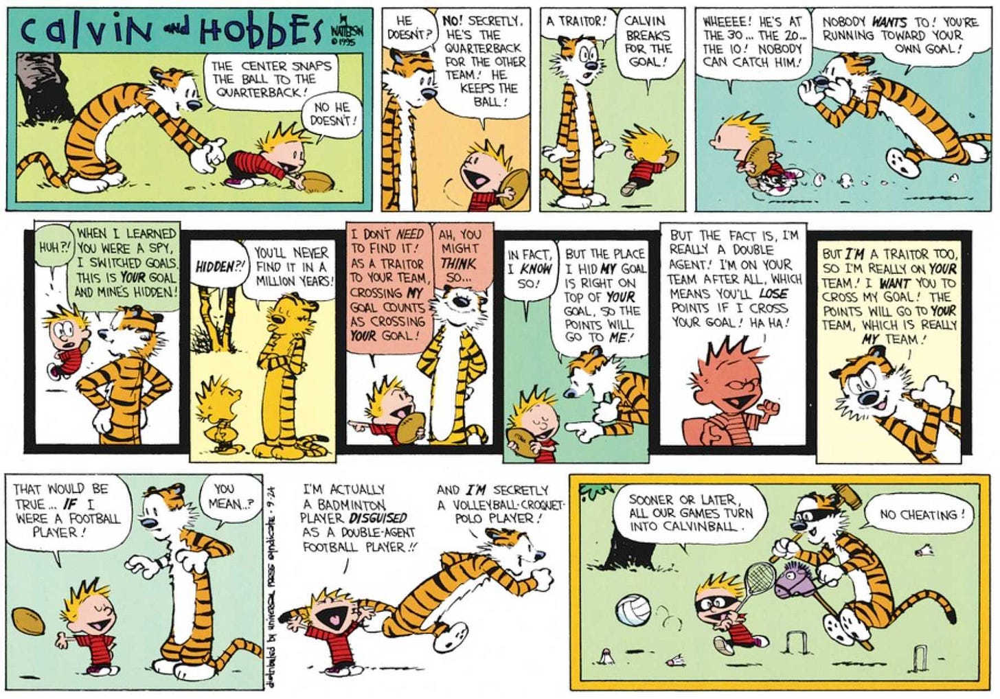 Calvin and Hobbes make up a wide range of rules while playing Calvinball