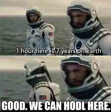 May be an image of 3 people and text that says '1 hourhere here s hour is17 hourhereis7yearsionearth 7 years on earth GOOD. WE CAN HODL HERE.'