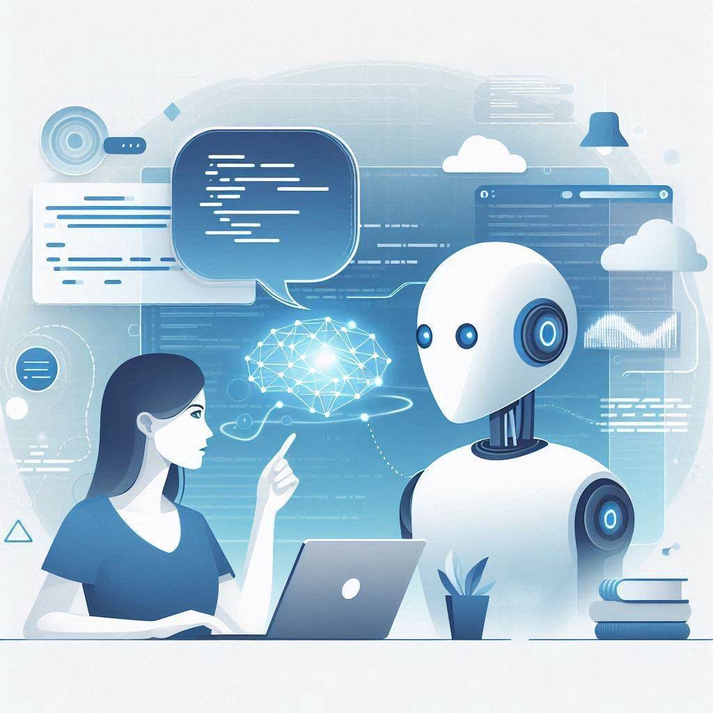 “A professional, minimalistic illustration showing a software developer collaborating with an AI assistant. The human is giving instructions via speech or text bubbles in natural language, while the AI transforms them into flowing lines of code on a screen. Clean workspace with a laptop, soft lighting, and abstract digital elements like floating icons or lines of code. Color palette in cool tech tones (blues, grays, whites), with flat design or subtle gradients. No excessive 
