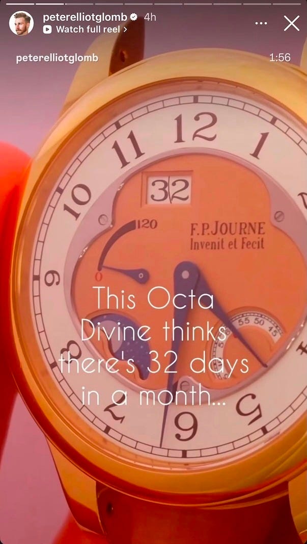 Screenshot from an Instragram reel showing a defect in an FP Journe Octa Divine watch