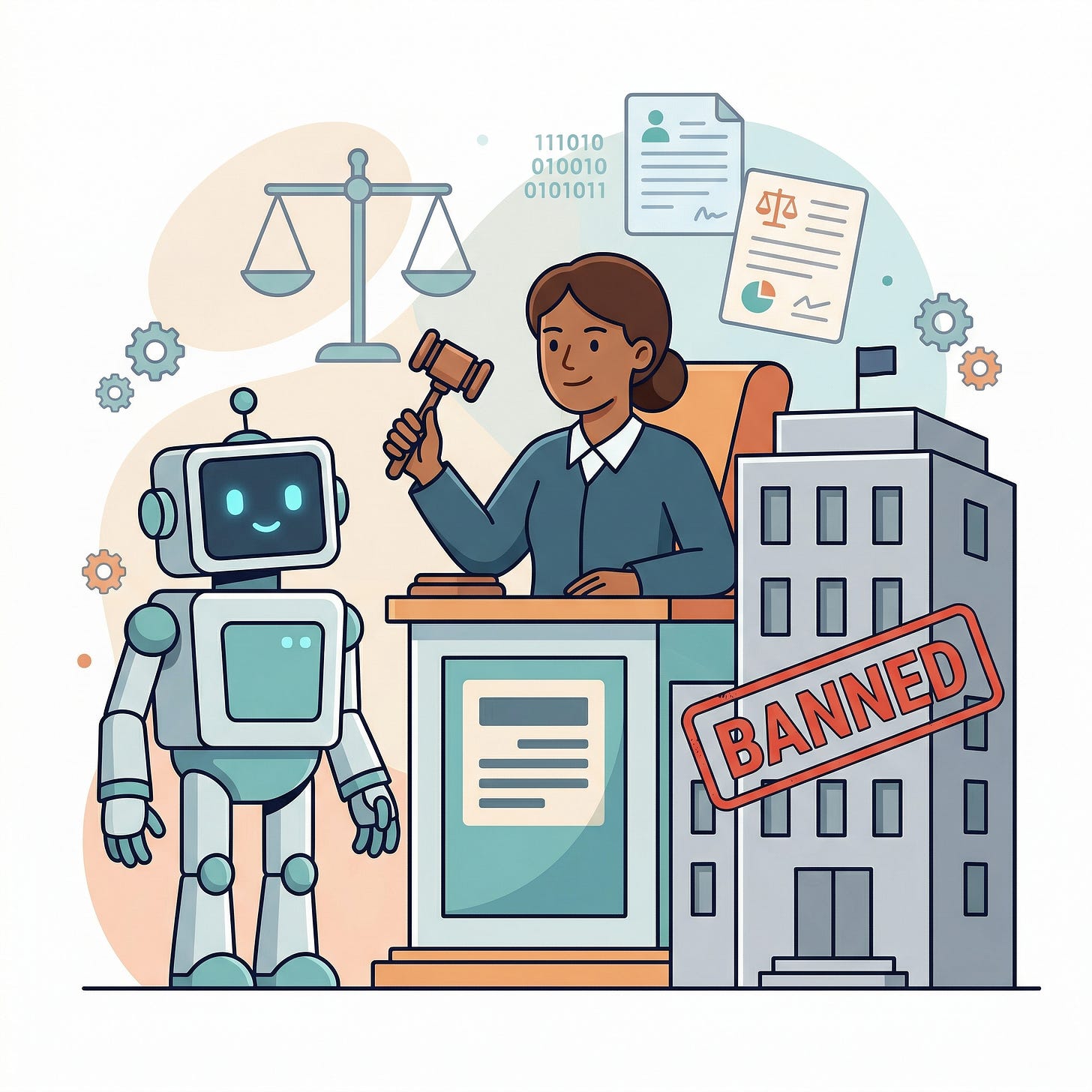 Illustration of a federal judge with a gavel protecting a friendly robot from a government ban Illustration of a federal judge with a gavel protecting a friendly robot from a government ban