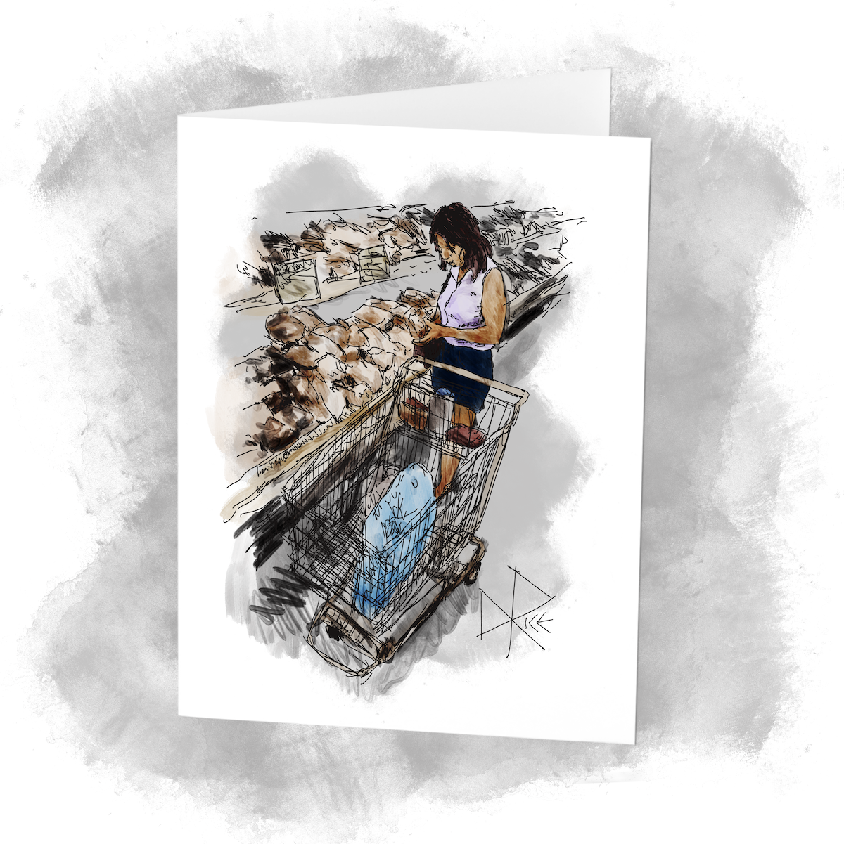 After parking her shopping cart in the meat aisle, an omnivorous woman stands at the pushing end of the partially loaded cart as she inspects the cut of beef that she is holding in her hands. Sketch art by Don Rice.