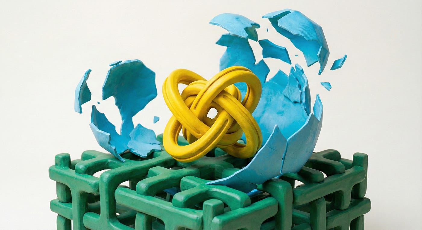A conceptual sculpture featuring a fragmented blue sphere, representing a burst bubble, which reveals an intact, continuous yellow knot inside, symbolizing resilience. This rests upon a complex, interconnected green grid base. The image is used as the header for the article “Designing for the Post-Bubble Reality: Why “Wrappers” Die and Resilient Systems Survive.”