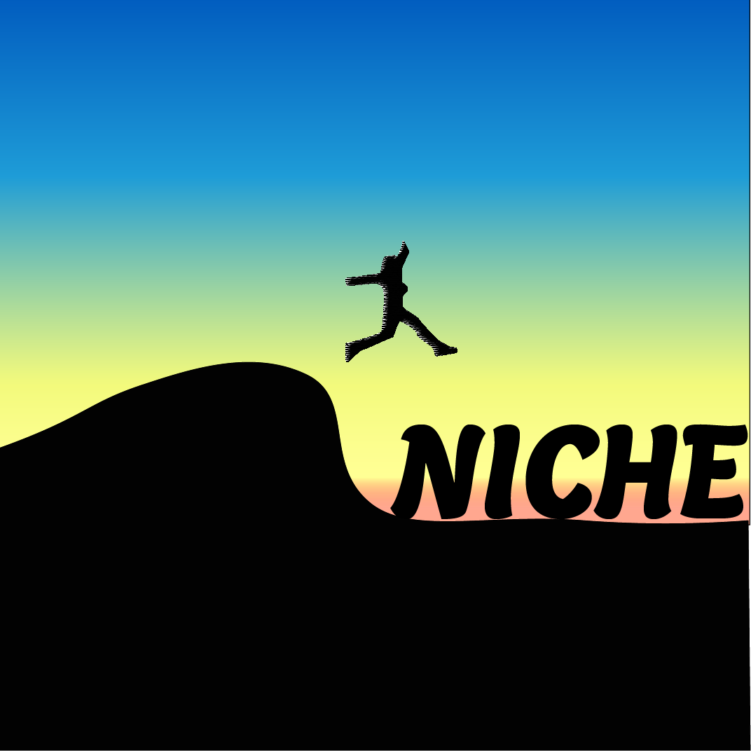 Woman jumping over Niche text on a black and blue, green background