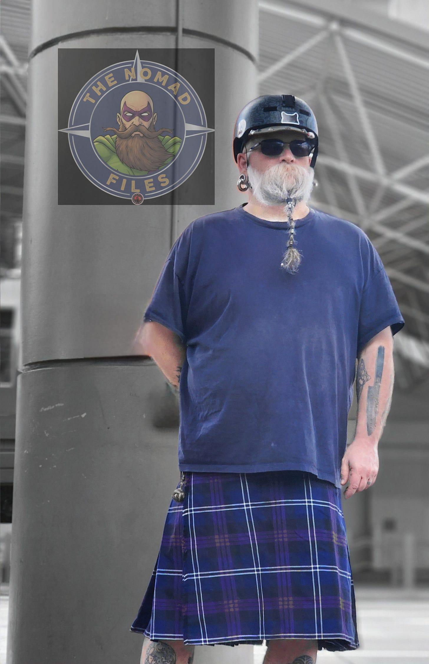 A man with a braided white beard, helmet, sunglasses, and a blue and purple plaid kilt stands in front of a large grey column.