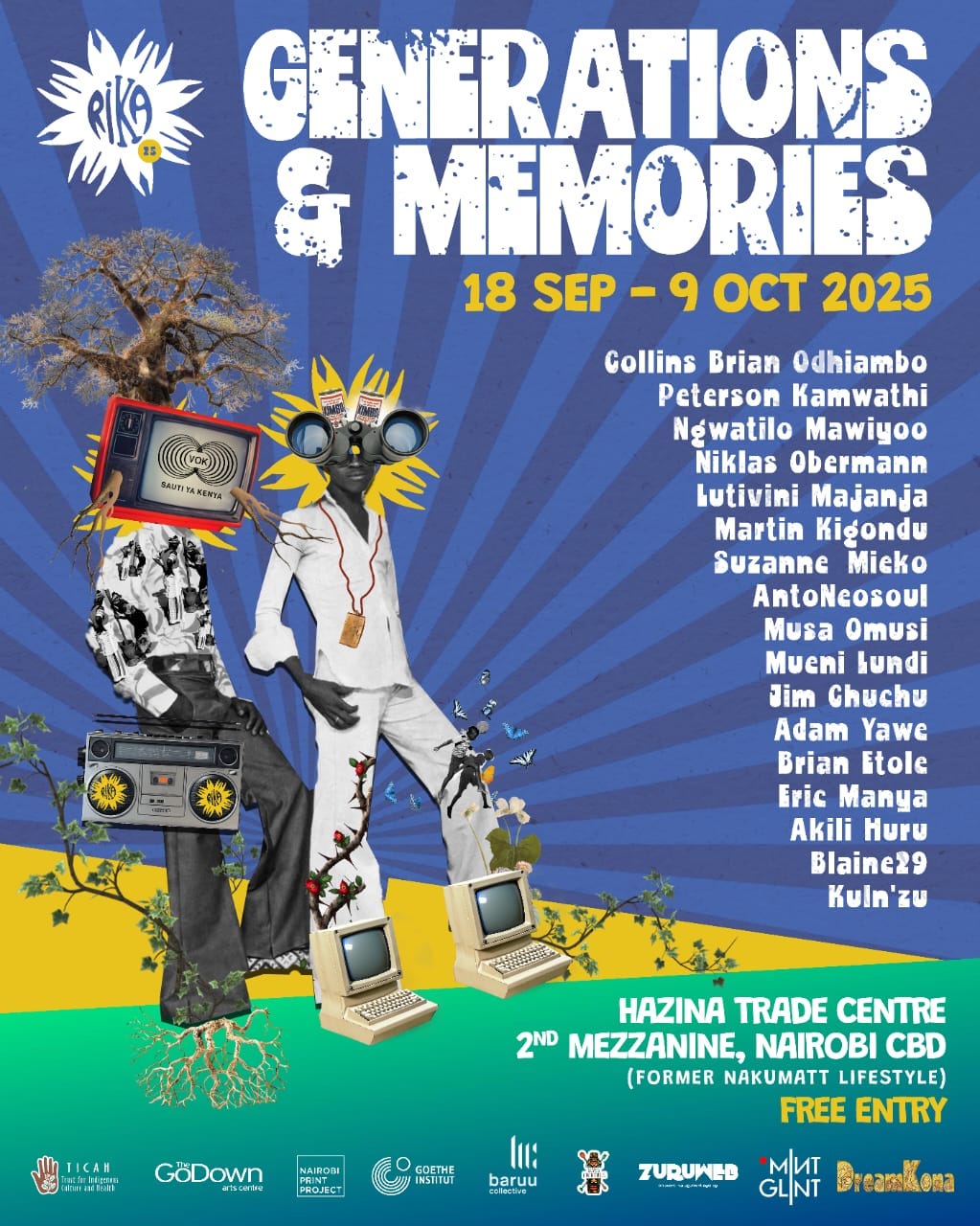 RIKA25: Generations & Memories poster featuring art and artists' names. Festival dates: 18th Sept - 9th October Main exhibition: Hazina Trade Center, Nairobi CBD