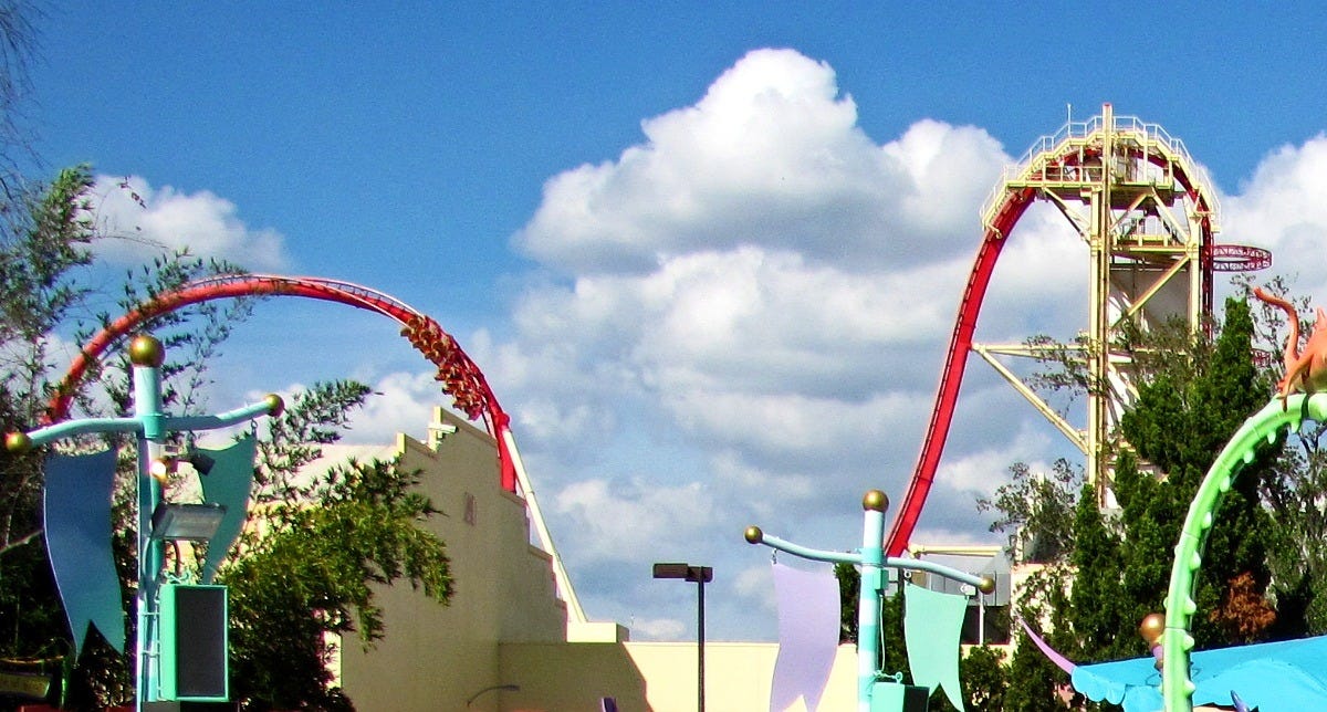 Hollywood Rip Ride Rockit, the coaster Hollywood Drift replaces, in 2012. Image: Jeremy Thompson via Wikimedia Commons