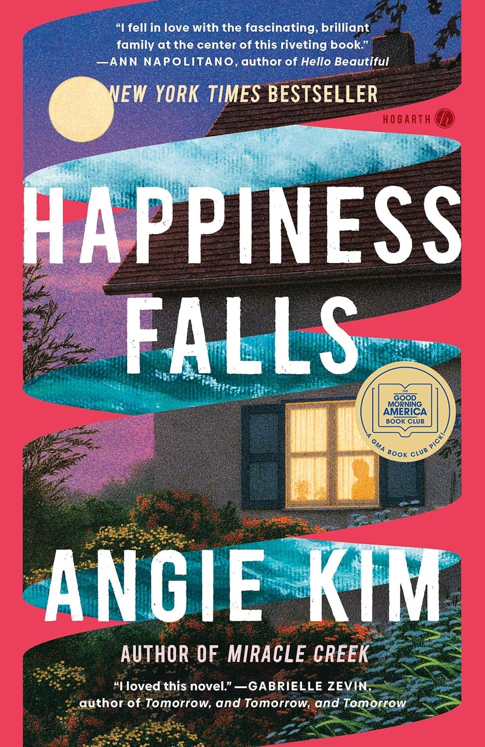Cover of book: Happiness Falls by Angie Kim written over the background of a house