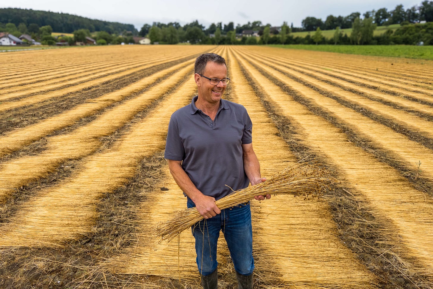Adrian Brügger steht in einem weitläufigen Feld, in dem frisch geerntetes, goldgelbes Flachsstroh in langen, parallelen Reihen zum Rösten ausgelegt ist; in seinen Händen hält er ein Bündel der trocknenden Stängel. Adrian Brügger steht in einem weitläufigen Feld, in dem frisch geerntetes, goldgelbes Flachsstroh in langen, parallelen Reihen zum Rösten ausgelegt ist; in seinen Händen hält er ein Bündel der trocknenden Stängel.