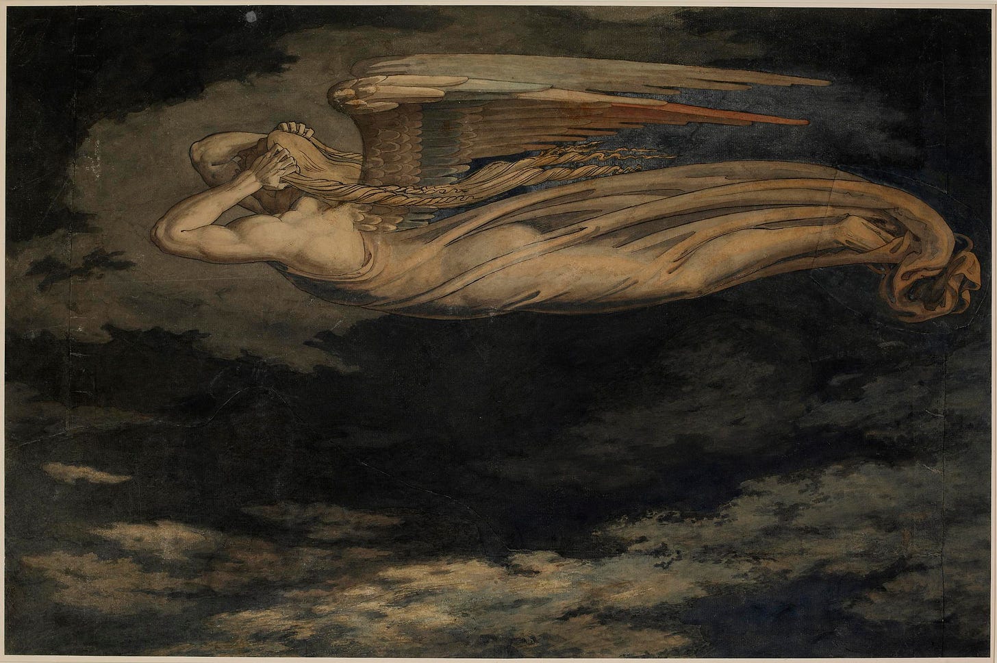 winged woman above darkness and cloud