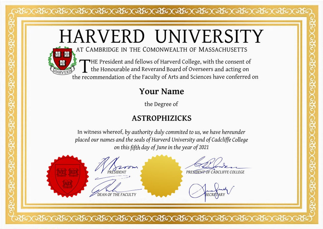Novelty 'HARVERD' University Degree Certificate, With Gold Border and Seal  - Etsy Australia