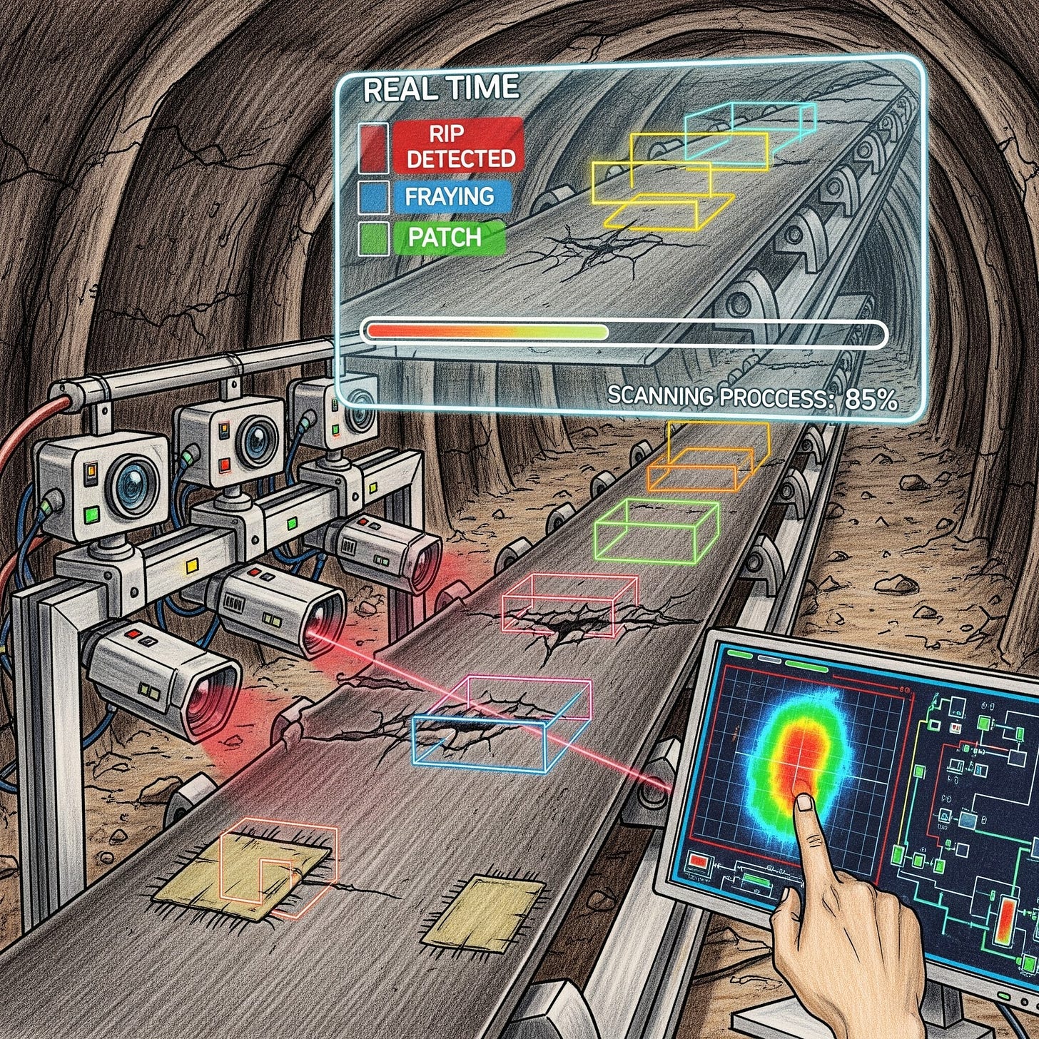 Generate an image of a mining company that wants to detect defects on their conveyor belts before they cause costly downtime. Sounds straightforward, right? Just using an aI computer-vision model 