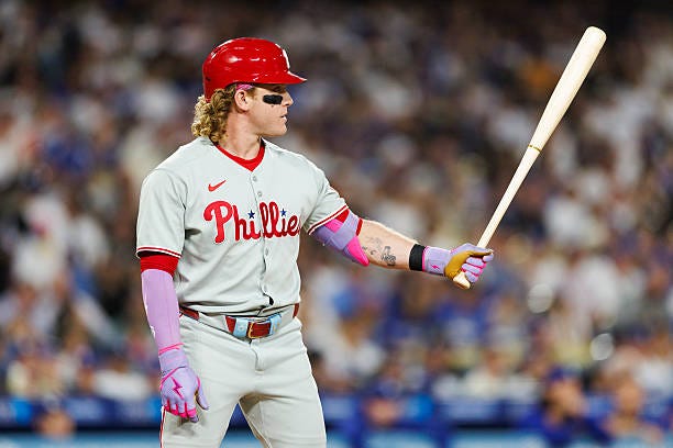 Harrison Bader of the Philadelphia Phillies at bat during the game against the Los Angeles Dodgers at Dodger Stadium on September 16, 2025 in Los...