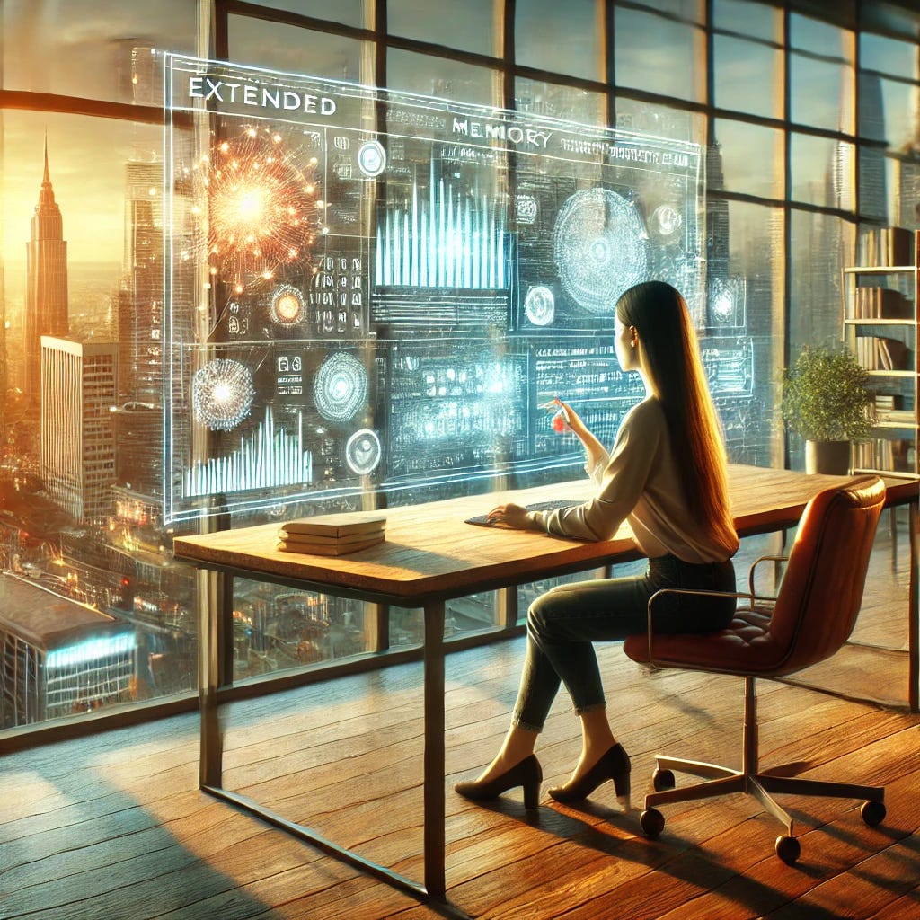 A photorealistic image of a woman sitting at a desk in front of a large window overlooking a bright and vibrant cityscape. She is working, interacting with an extended memory system depicted as a floating web of data, glowing with holographic elements. The atmosphere is futuristic yet warm, with sunlight streaming through the window, casting natural light on the desk and the woman. The scene has a modern, high-tech feel with sleek furniture and digital interfaces.