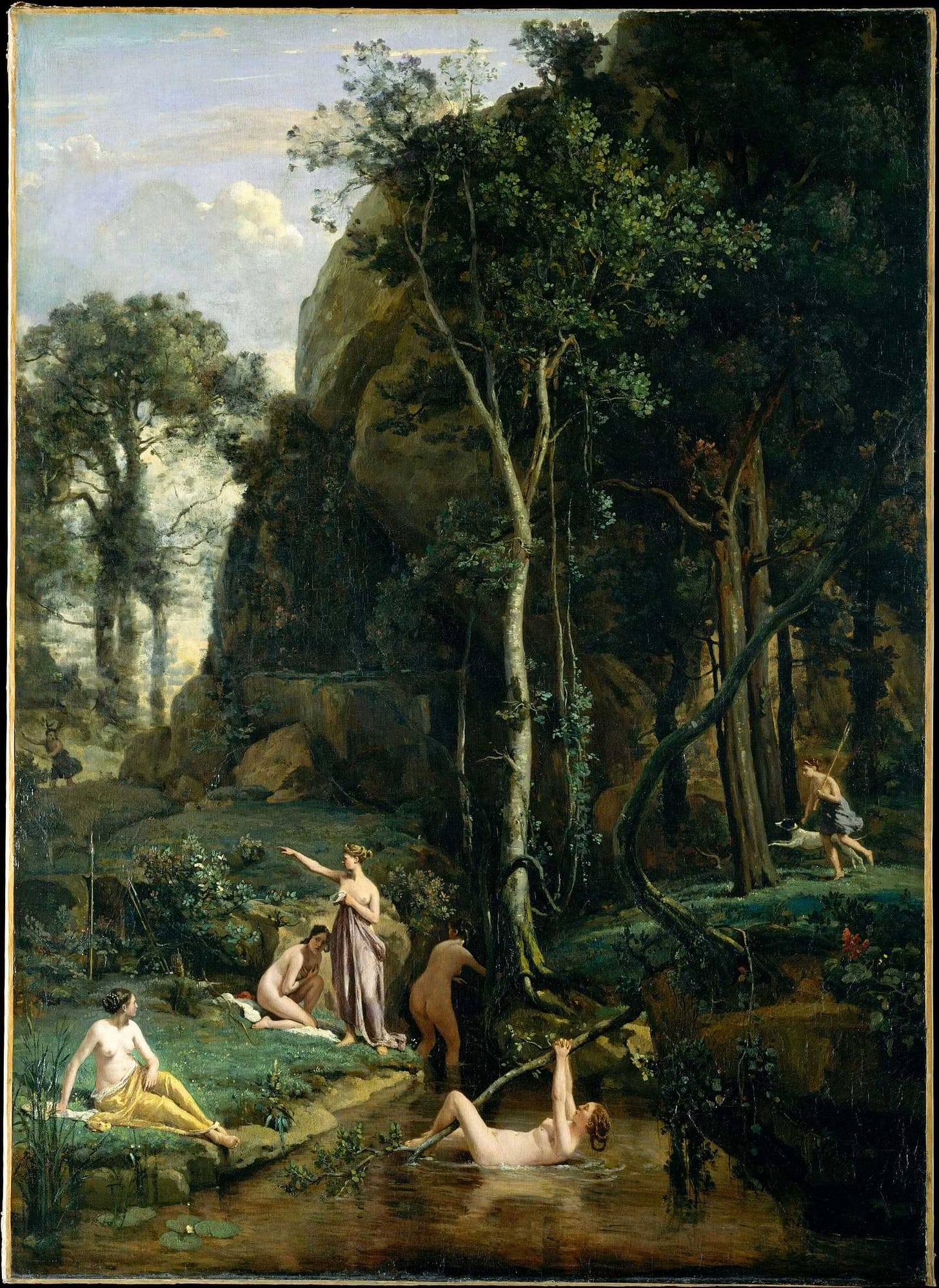 An oil painting titled "Diana and Actaeon (Diana Surprised in Her Bath)" depicting a lush forest clearing where the goddess Diana and her nymphs bathe. Diana stands at the center, pointing toward the distant woods where the hunter’s presence is signaled by the shadow of his stag form, while her attendants react in a landscape of towering trees and soft, afternoon light. Part of the In the Flesh series at The Subtext Review.