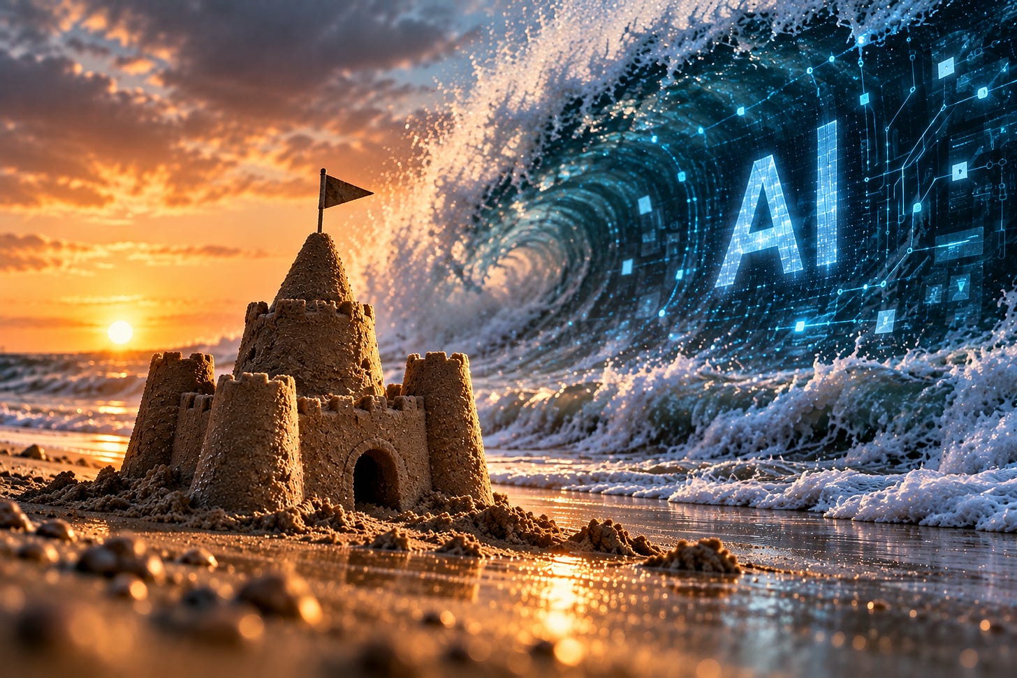 A sandcastle at sunset stands on the shoreline as a towering blue digital wave marked “AI” approaches, symbolising the threat of artificial intelligence to careers, skills, and professional identity. A sandcastle at sunset stands on the shoreline as a towering blue digital wave marked “AI” approaches, symbolising the threat of artificial intelligence to careers, skills, and professional identity.