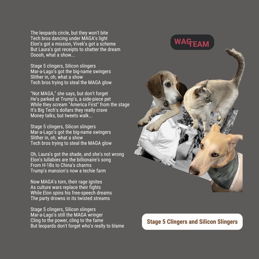 A scathing set of lyrics about tech bros trying to MAGA-wash their billions, featuring the WAG TEAM pets looking thoroughly unimpressed with Silicon Valley's attempt at political cosplay. Contains verses about H-1B visas, culture war grifting, and the eternal question of why billionaires can't seem to buy themselves better politics. The pets suggest turning it off and going for a walk instead.