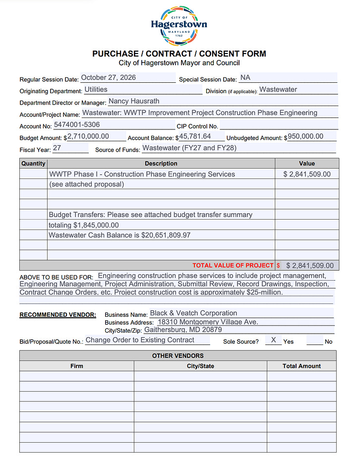 Hagerstown Purchase / Contract Form - Wastewater- WWTP Improvement Project Construction Phase Engineering with Black & Veatch pg 1