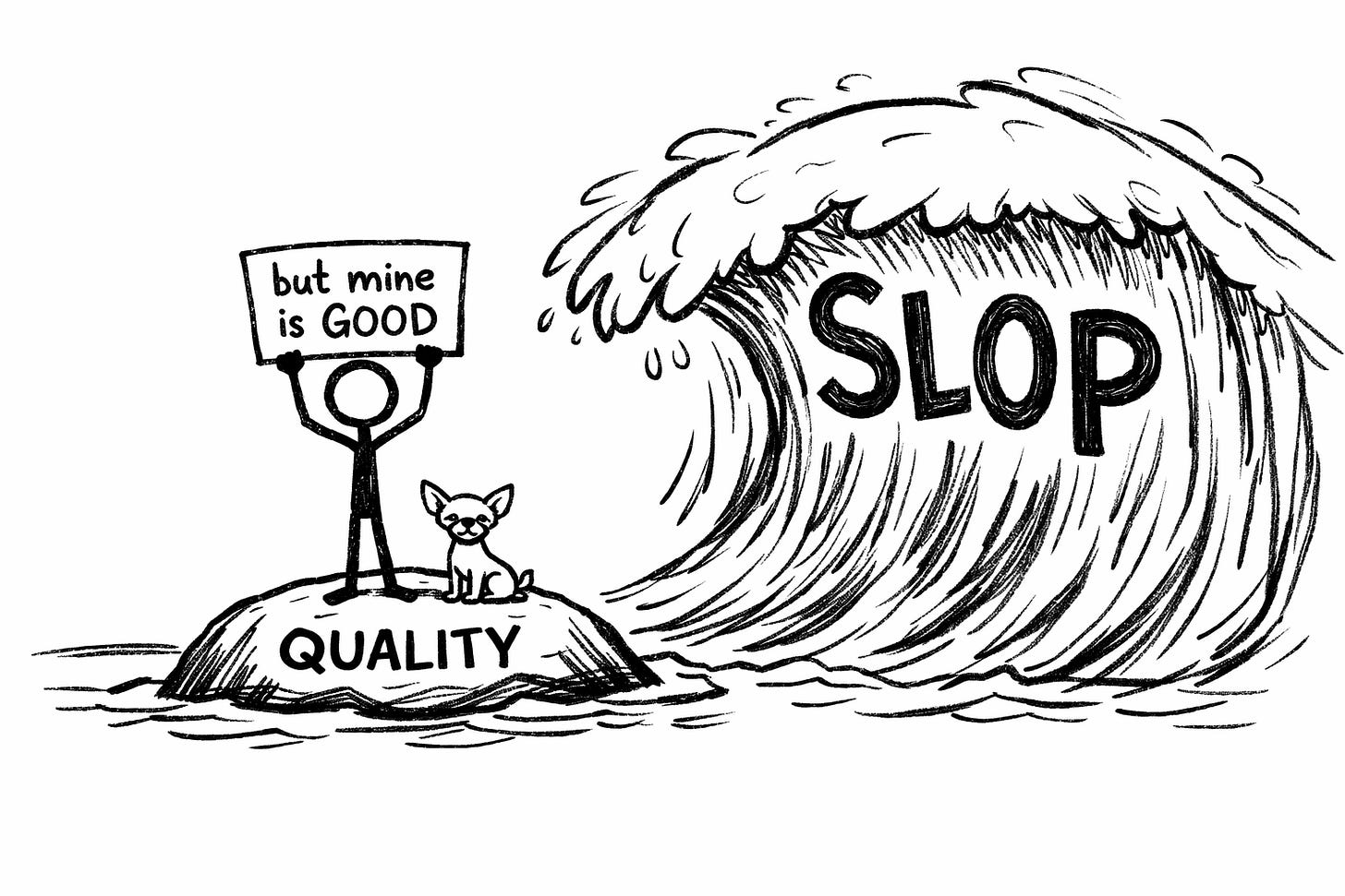 Black-and-white hand-drawn sketch of a stick figure holding a sign reading 'but mine is GOOD' standing on a small island labeled 'QUALITY' next to a chihuahua, while a massive wave labeled 'SLOP' towers over them, illustrating how quality-focused content creators get buried by AI-generated content volume.