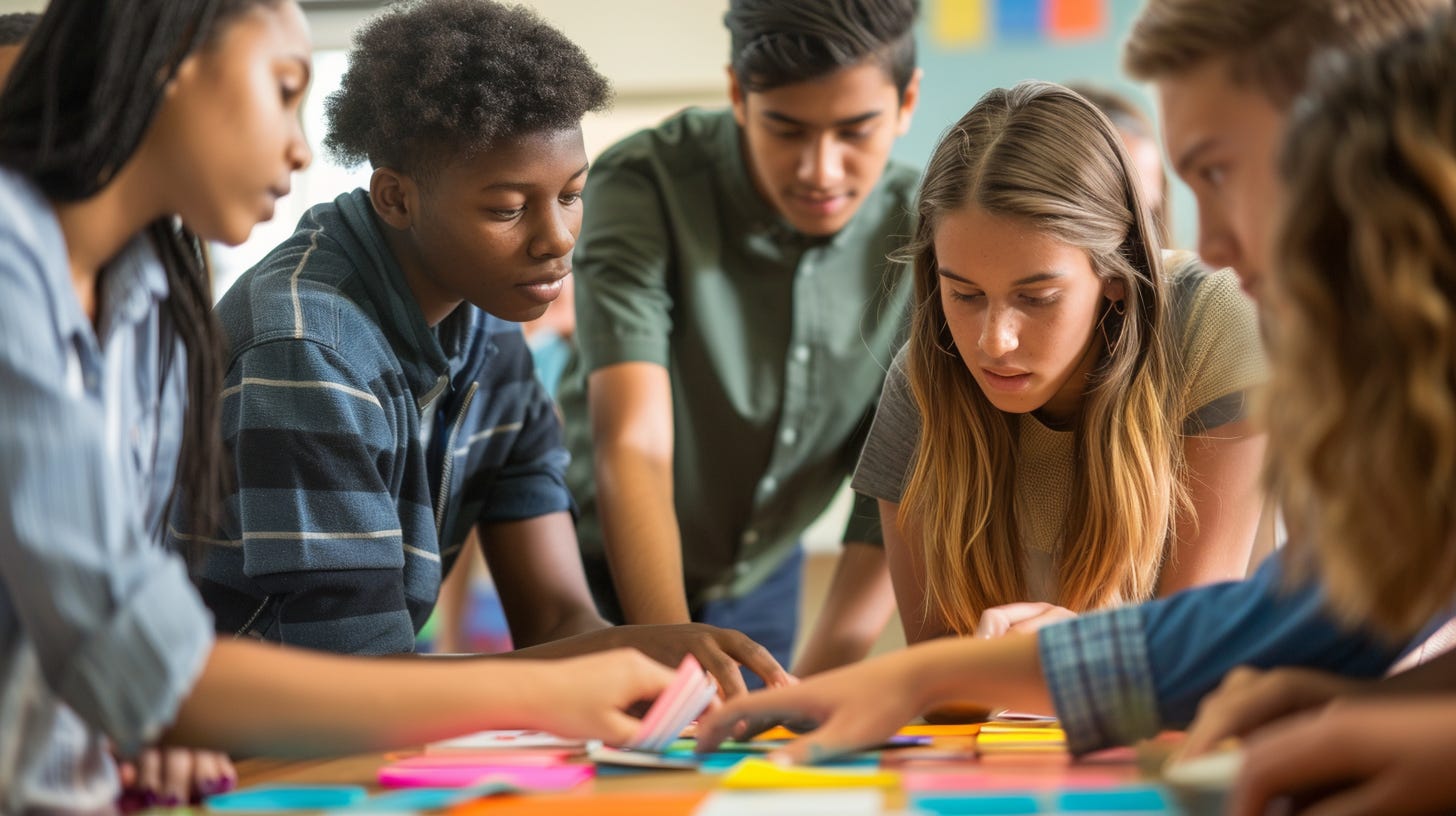 Students collaborate around a table sorting cards into categories, using discussion and movement to reconnect ideas and strengthen understanding during a classroom review. Students collaborate around a table sorting cards into categories, using discussion and movement to reconnect ideas and strengthen understanding during a classroom review.
