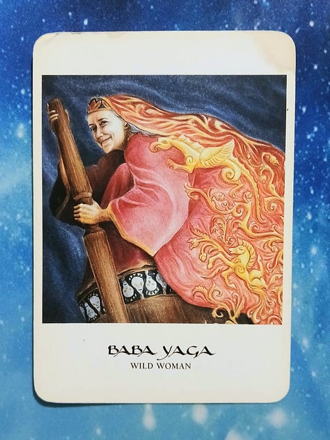 Goddess Oracle cards on a starry blue background: Baba Yaga & Briged