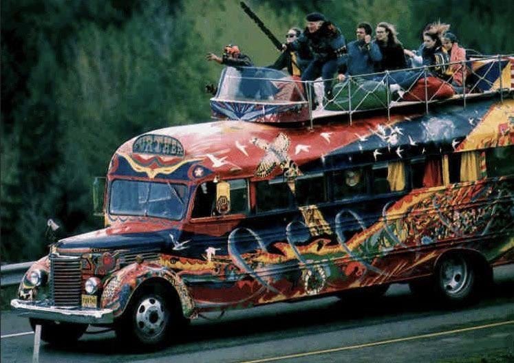 The “Further” school bus that was purchased by Ken Kesey in 1964. It  carried the Merry Band of Pranksters across the country. On their stops  they would hold parties and concerts supplying