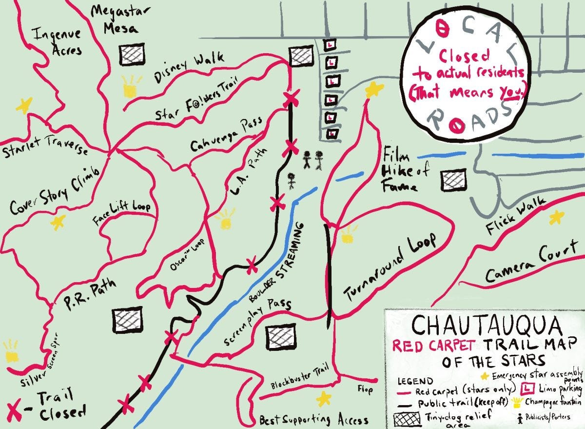A cartoon drawing of Boulder trail system, with the hikes renamed and covered in red carpets
