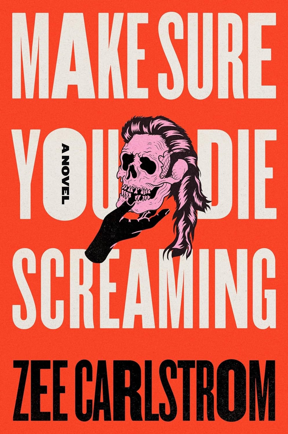 An orange book cover feature a hand holding up a human skull with a mullet attached. With the book title written in a cream color and the author's name written in black.