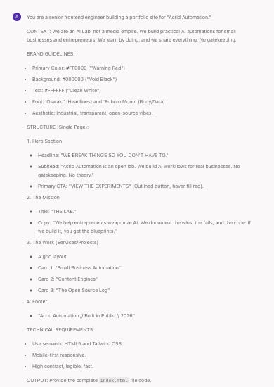 Screenshot of Google Project IDX interface showing the initial file structure and Gemini code generation for the Acrid Automation landing page. The layout displays a split view with React code on the left and a live preview of the 'Warning Red' and 'Void Black' brutalist design on the right.