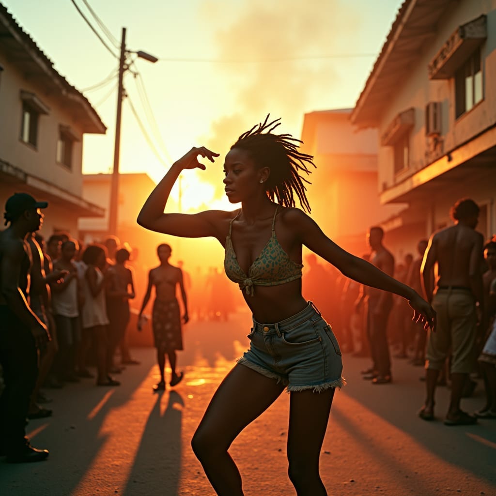 A young woman dancing in the midst of a vibrant Jamaican reggae dancehall scene, surrounded by the gritty, urban landscape of a ghetto neighborhood, with a massive sound system setup on the road, blasting infectious rhythms and basslines. The atmosphere is electric, with people moving to the beat, lost in the music