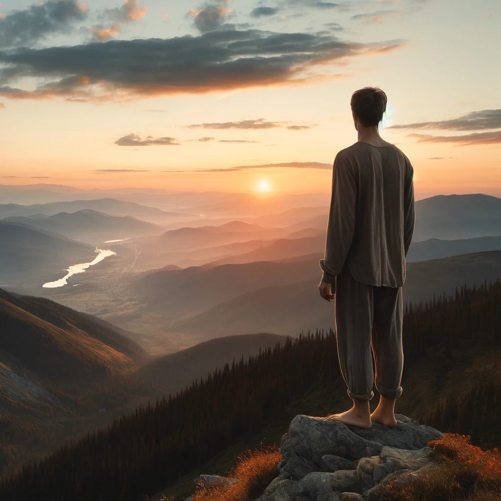 A serene scene of a person standing on a mountain peak at sunrise, gazing out over a vast landscape. The person is dressed simply and looks at peace, embodying a sense of authenticity and connection with nature. The sky is painted with hues of orange and pink, and the landscape below includes rolling hills, forests, and a winding river. The overall atmosphere is calm and reflective, highlighting the beauty of being true to oneself. A serene scene of a person standing on a mountain peak at sunrise, gazing out over a vast landscape. The person is dressed simply and looks at peace, embodying a sense of authenticity and connection with nature. The sky is painted with hues of orange and pink, and the landscape below includes rolling hills, forests, and a winding river. The overall atmosphere is calm and reflective, highlighting the beauty of being true to oneself.