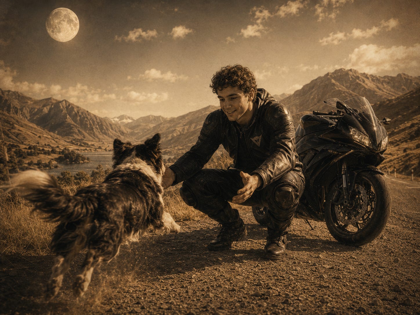 A young man in black leather riding gear crouches on a gravel road, smiling, his hand extended toward a border collie mid-run, the dog coming to meet him with the full momentum of a creature that has been waiting. A black motorbike stands behind him. Mountains rise beyond a lake in the middle distance, their peaks catching light, their slopes the colour of dry summer grass. Above it all, a full Moon hangs in a sepia sky streaked with cloud. The image carries the particular warmth of a moment that is complete in itself: the rider, the road, the dog, the Moon. Everything he was in a hurry to get back to.