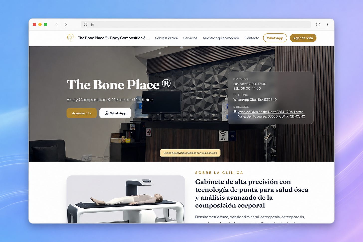 Nimbo Site de The Bone Place presentado en un marco de navegador sobre un fondo azul y lavanda Nimbo Site de The Bone Place presentado en un marco de navegador sobre un fondo azul y lavanda