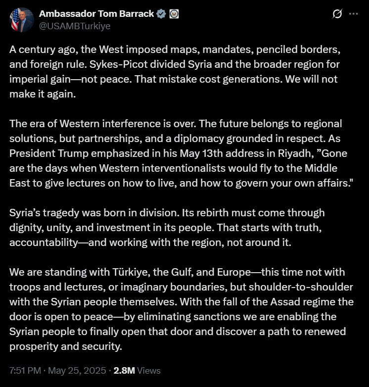 Tom Barrack Sykes-Picot tweet - Palestine Will Be Free