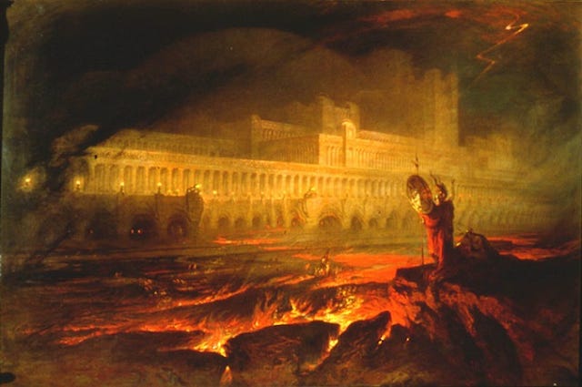 لوحة 'Pandemonium' لجون مارتن (1841) تظهر مدينة عظيمة تحترق مع شخصيات صغيرة في المقدمة، ترمز إلى الفوضى والنهاية في الفكر الأبوكاليبسي