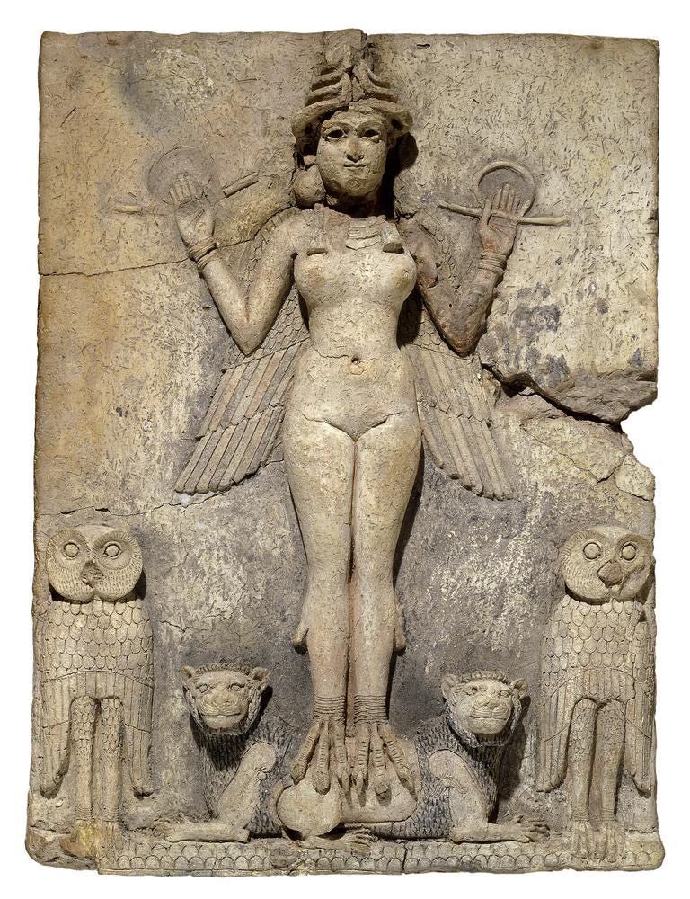 Queen of the Night relief. It is often discussed in relation to Mesopotamian goddess imagery and the underworld, though the exact identification remains debated. Credit: The British Museum.