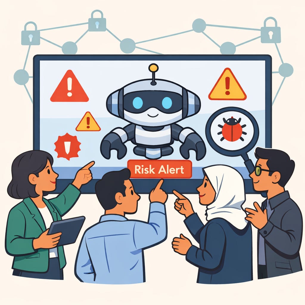 Cartoon scene showing a diverse security expert examining a robot agent with red warning lights, simple shapes and muted tones for AI newsletter.