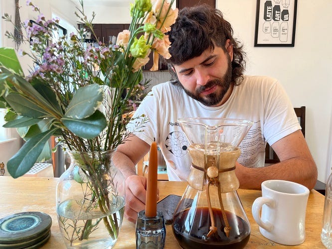matt, coffee, and fresh flowers