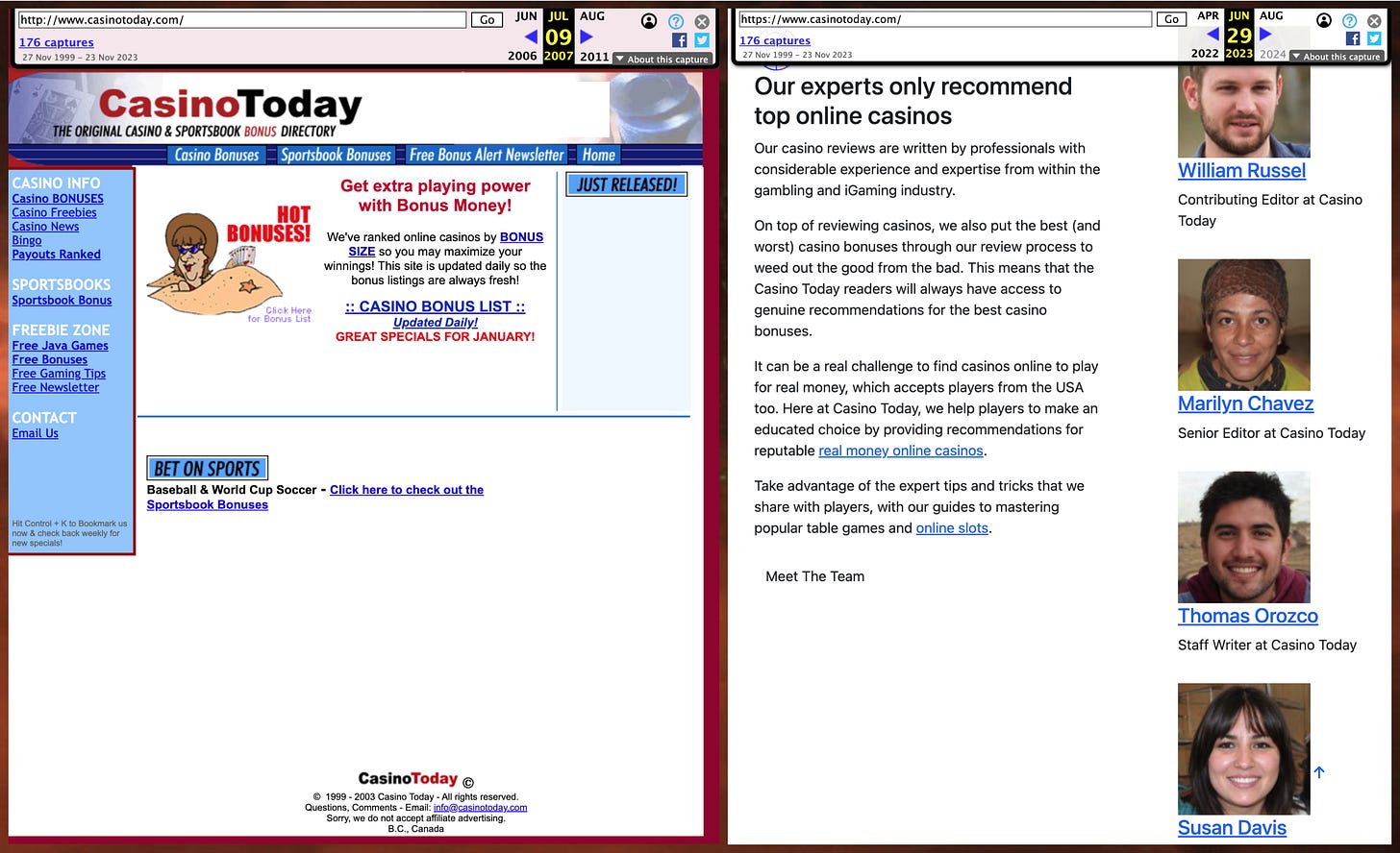screenshots of archives of CasinoToday.com from 2007 and 2023