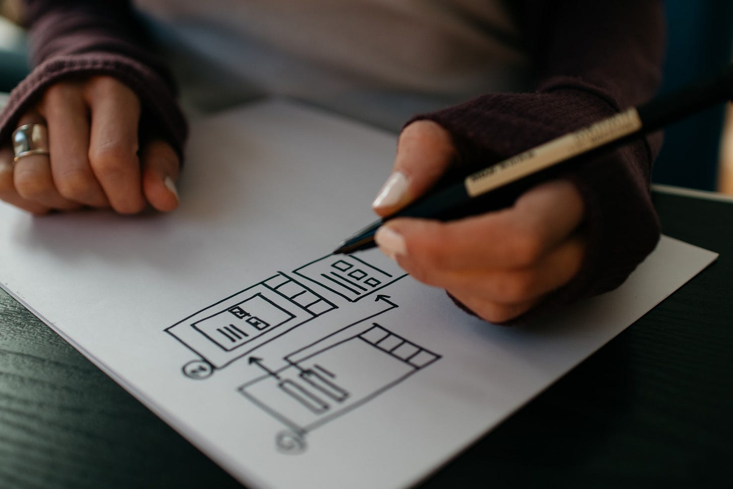 Woman's hands drawing wireframes on a sheet of paper