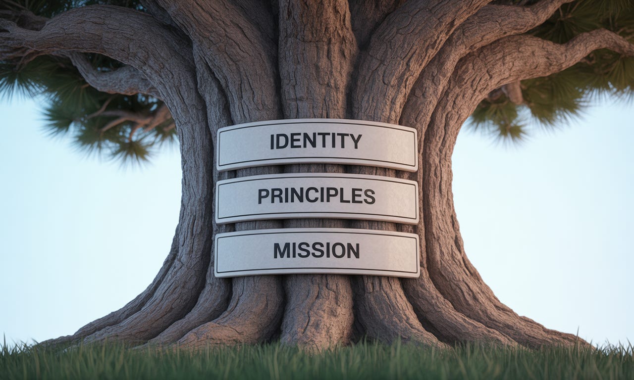 Close-up illustration of a sturdy tree trunk with labeled signboards for identity, principles, and direction.