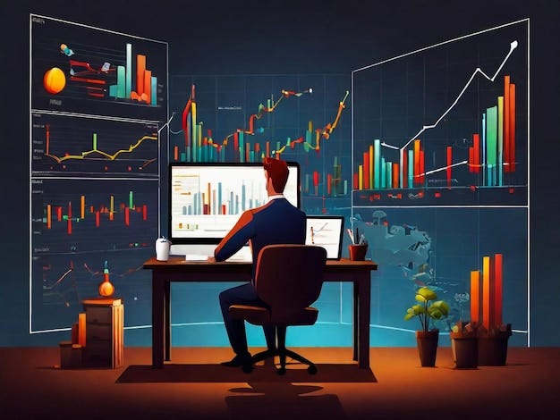 Stock trader broker male cartoon character sitting at trader desk in front  of computer screen flat vector illustration Trading room interior Stock  market data | Premium AI-generated image