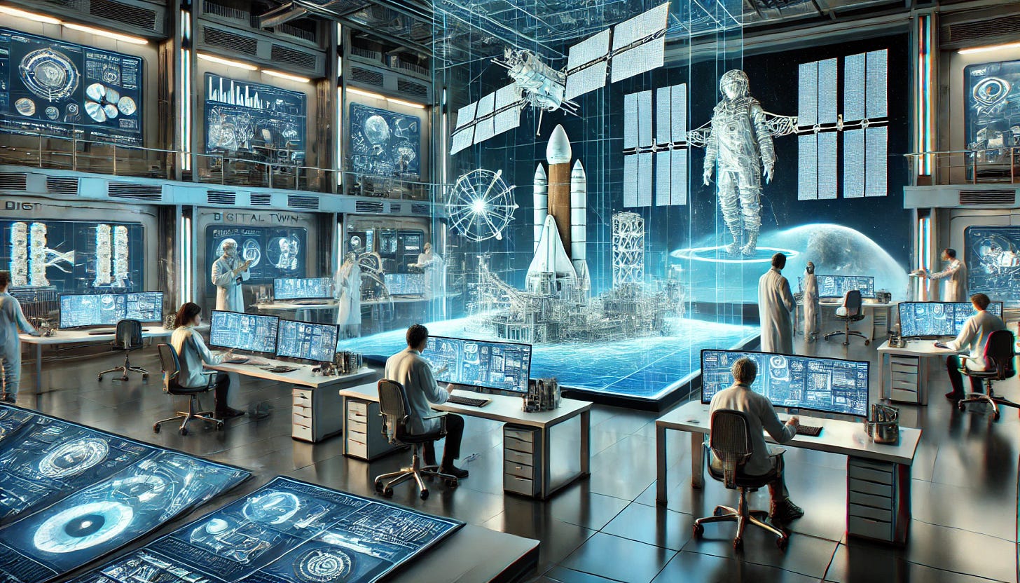 A high-tech space laboratory with scientists and engineers working on digital twin technology. Show holographic 3D models of spacecraft, satellites, and space stations being designed and tested in real-time. Include futuristic computer screens displaying data and simulations. The setting should be sleek and cutting-edge, emphasizing innovation and advanced space technology. The background can feature large windows revealing a view of space, with planets and stars visible. The image should feel exclusive and high-tech, capturing the VIP edge of digital twins in space innovation.