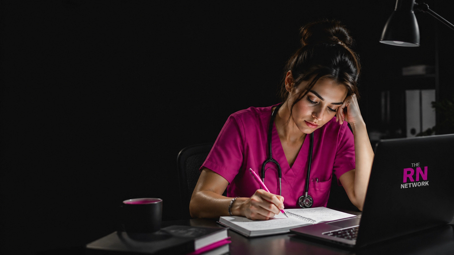 A new graduate nurse in pink scrubs studying for the NCLEX at a desk