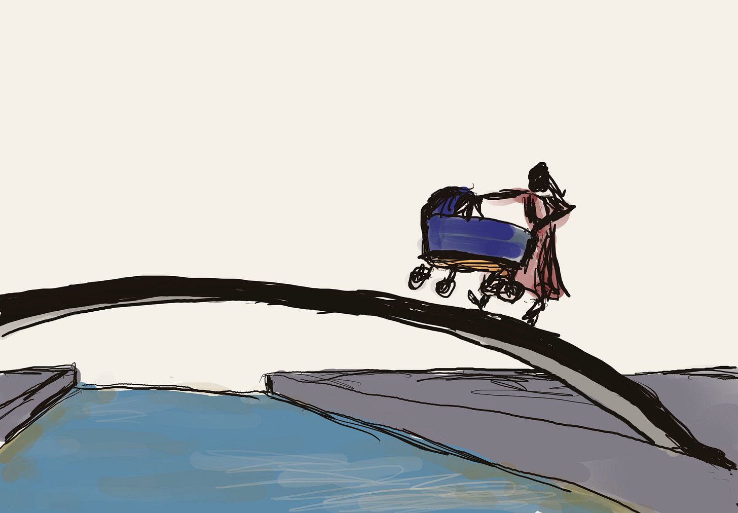 Cartoonish drawing of a woman in a dress crossing a bridge while holding a pram in the air