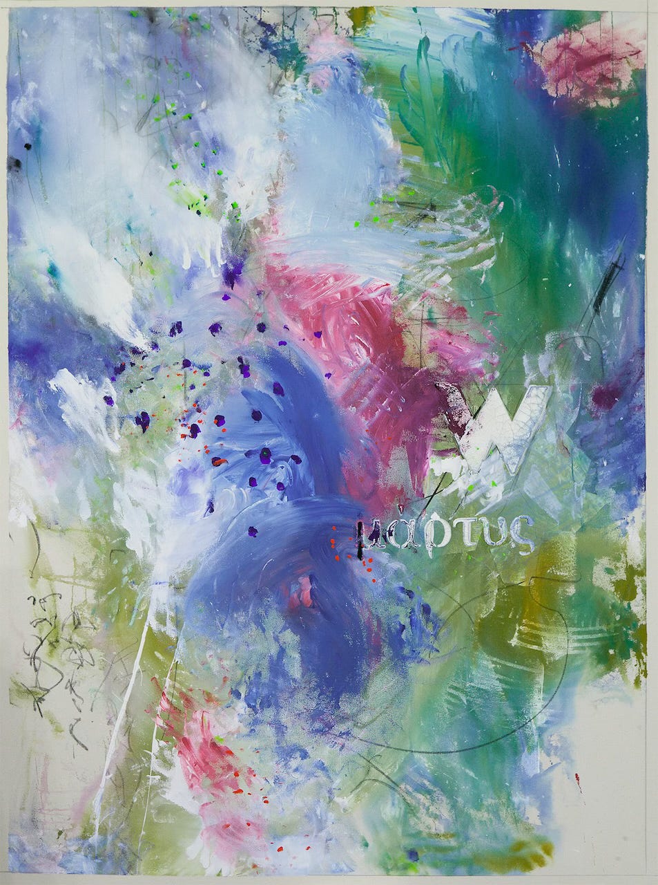 colorful acrylic abstract painting with Matryr in greek text