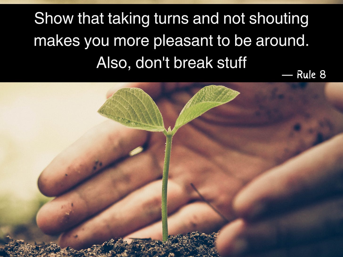 Meme of hands cradling a sprout in the dirt. The text is "Show that taking turns and not shouting makes you more pleasant to be around. Also, don't break stuff."